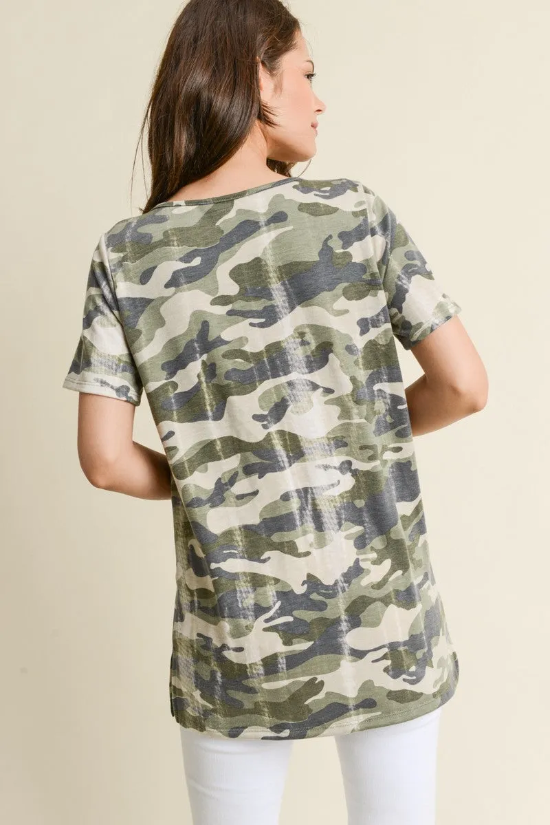Army Green Camo Crisscross Short Sleeve Top 12/28/24 9409