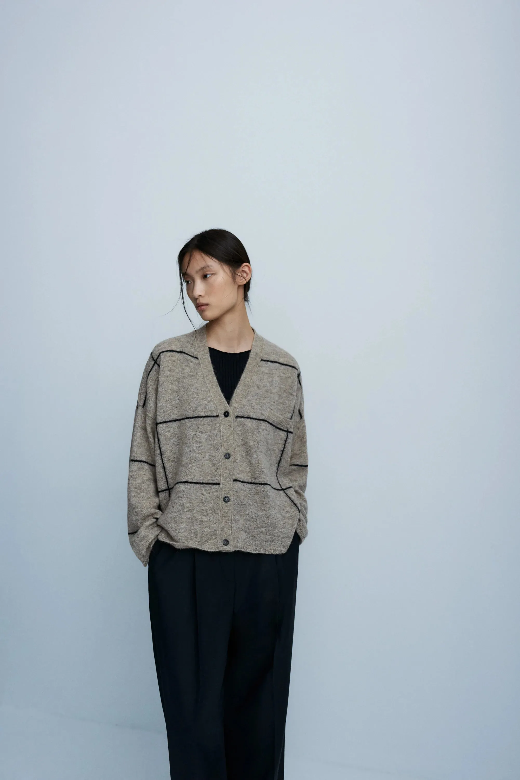 Baby Alpaca Plaid Cardigan, Taupe