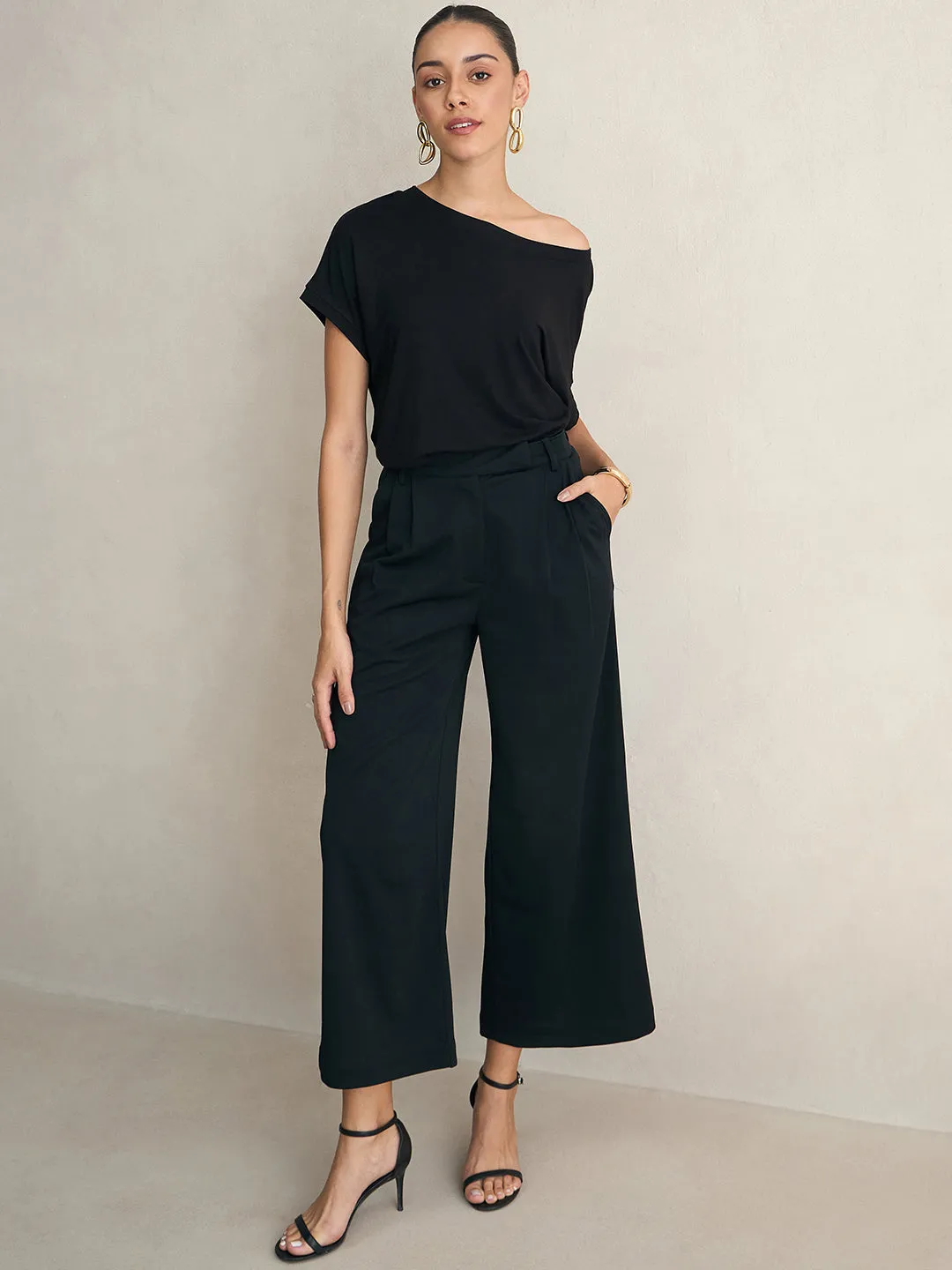 Bamboo Black Knit Off Shoulder Top