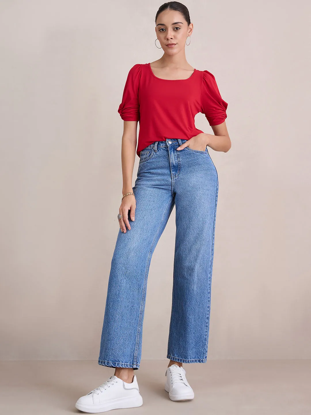Bamboo Red Knit Knotted Sleeves Top