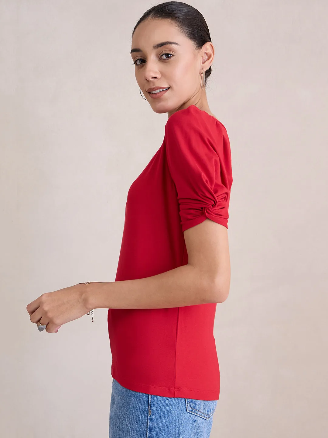 Bamboo Red Knit Knotted Sleeves Top
