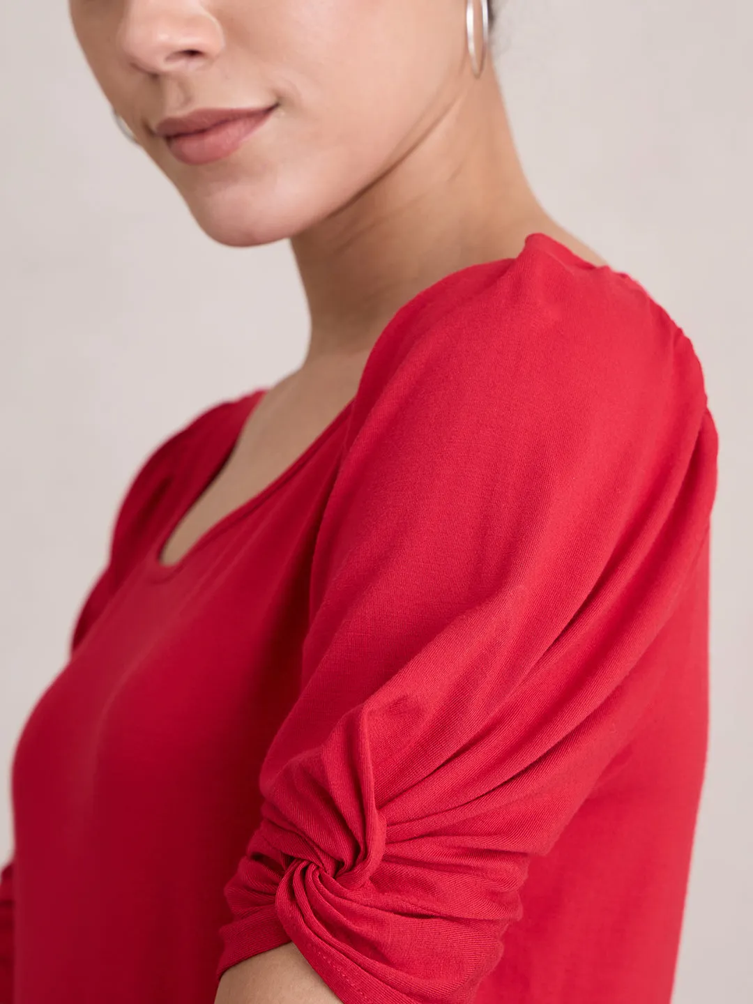 Bamboo Red Knit Knotted Sleeves Top