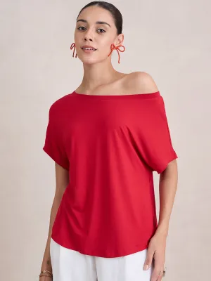 Bamboo Red Knit Off Shoulder Top