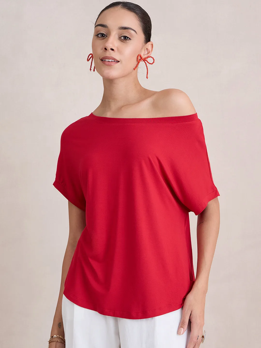 Bamboo Red Knit Off Shoulder Top