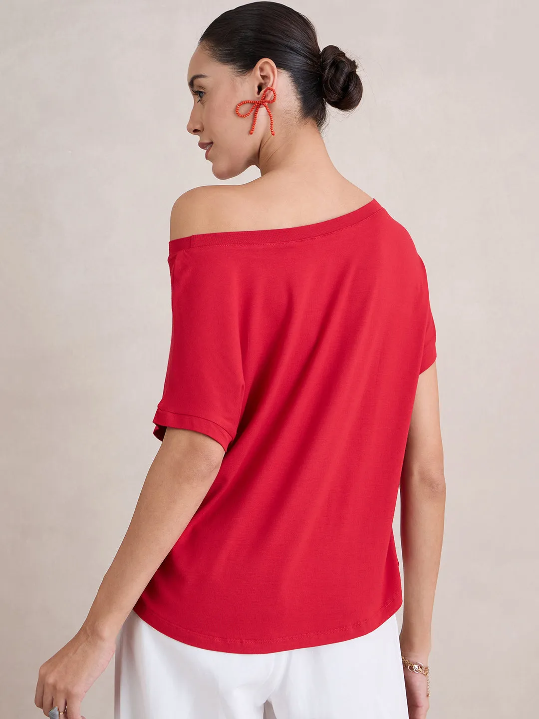 Bamboo Red Knit Off Shoulder Top