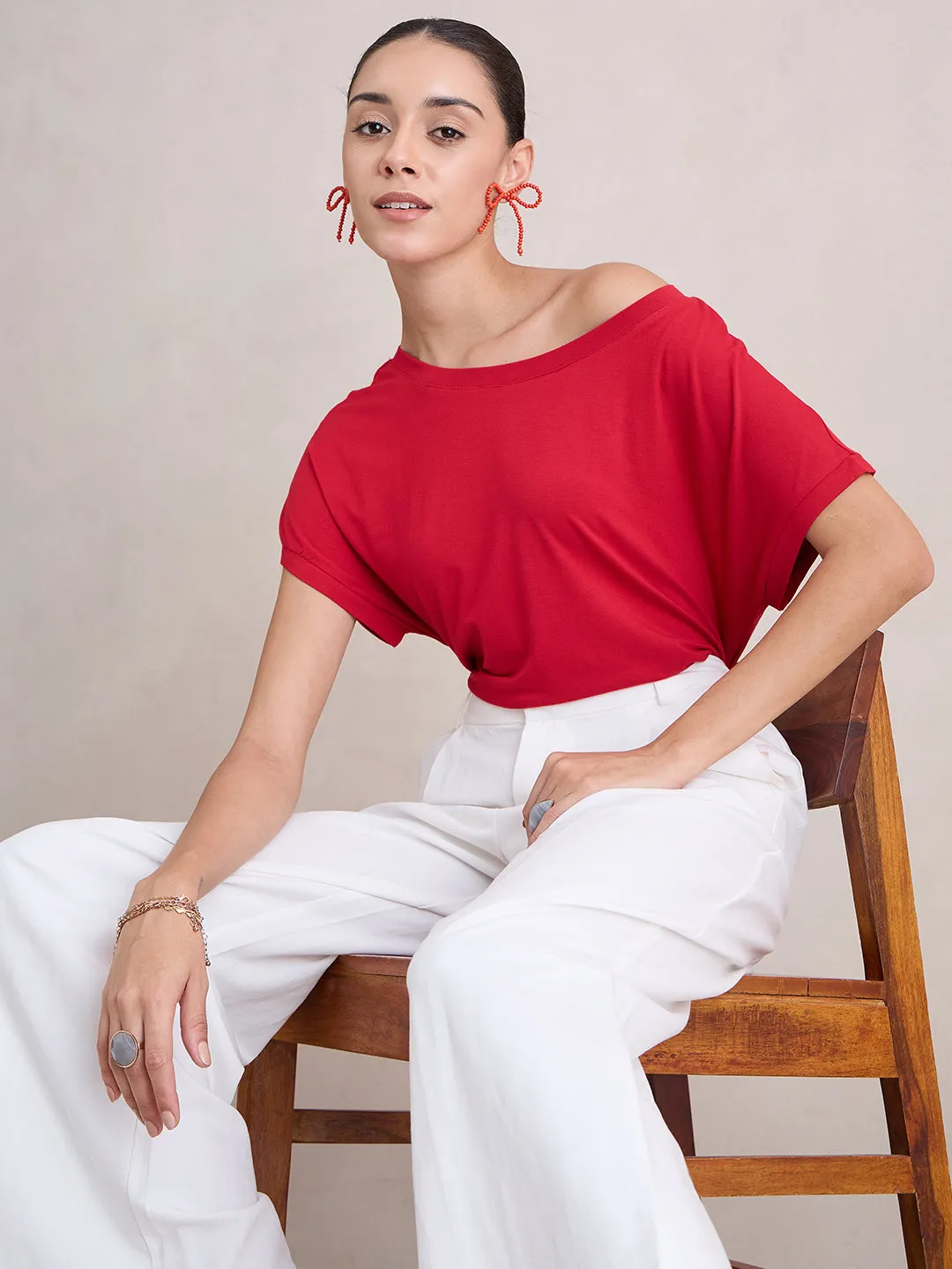 Bamboo Red Knit Off Shoulder Top