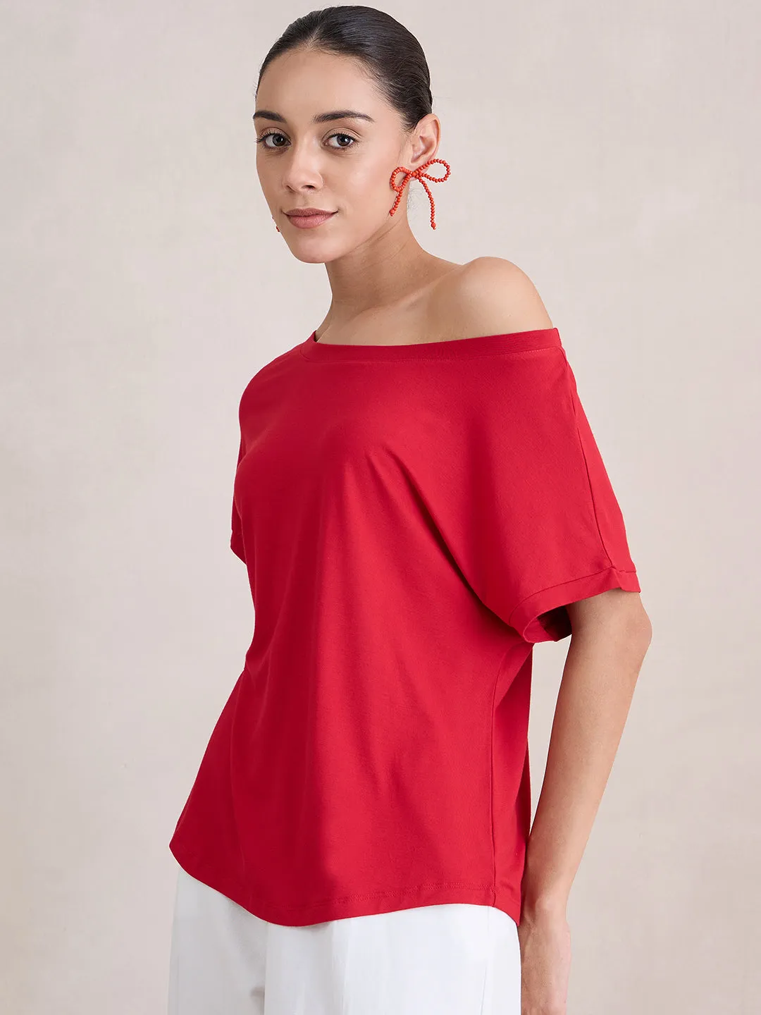 Bamboo Red Knit Off Shoulder Top