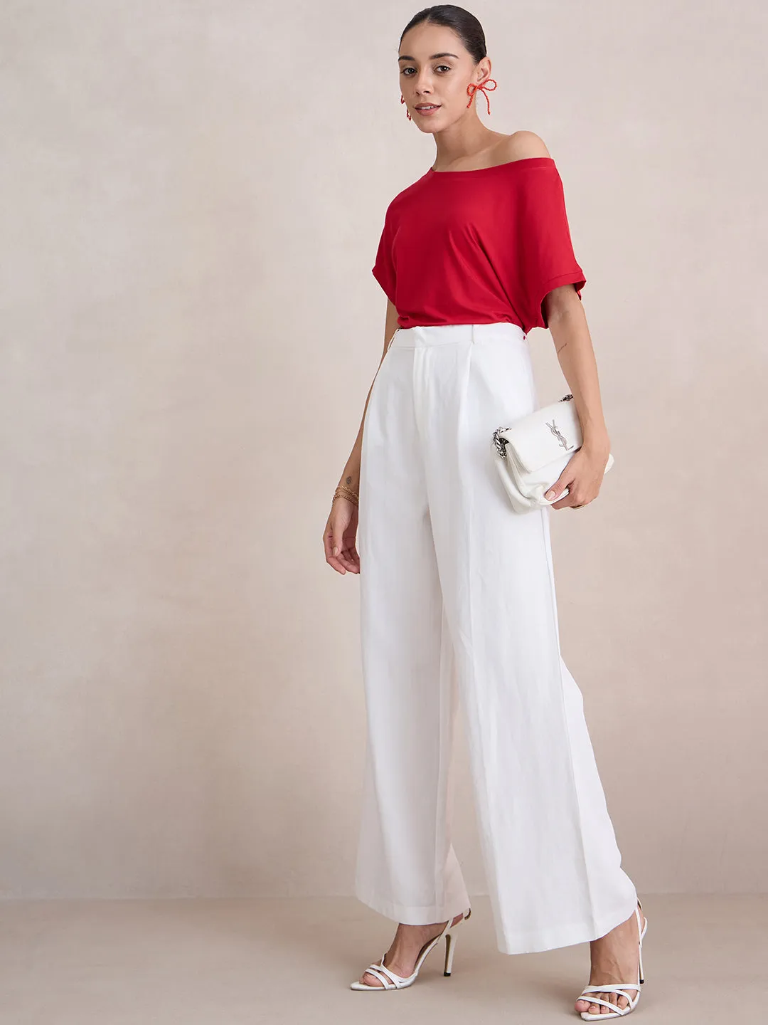 Bamboo Red Knit Off Shoulder Top