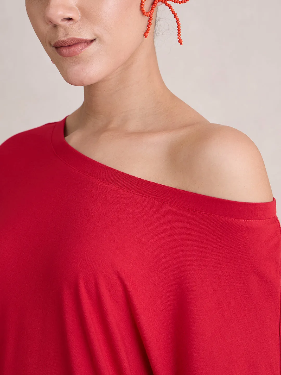 Bamboo Red Knit Off Shoulder Top