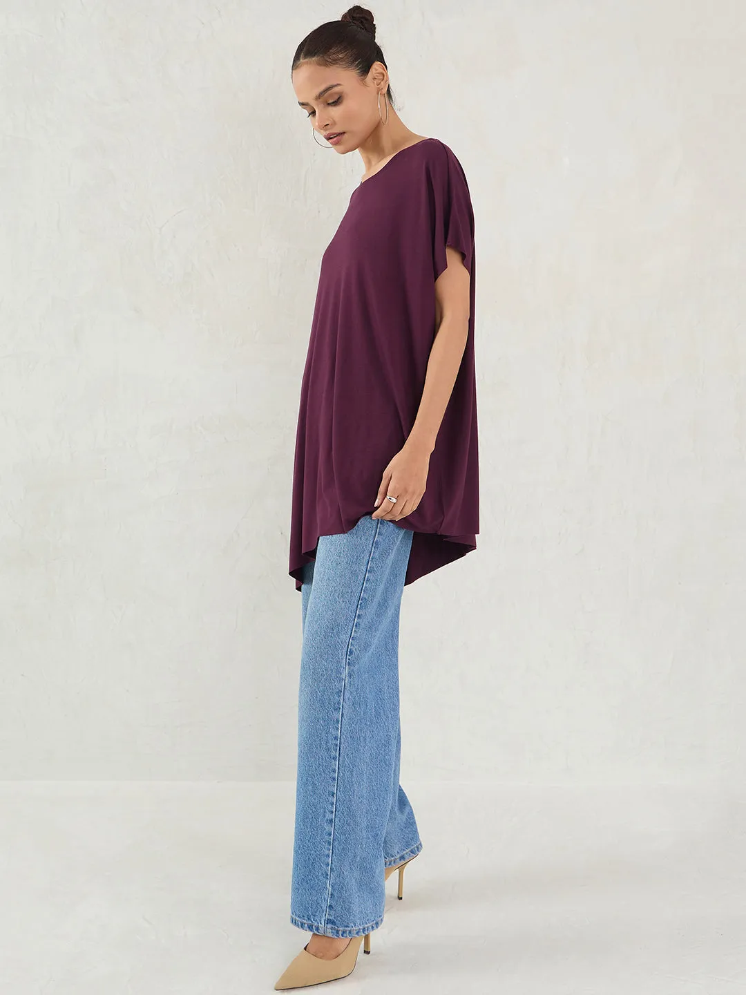 Bamboo Wine Knit Oversize Asymmetrical Top