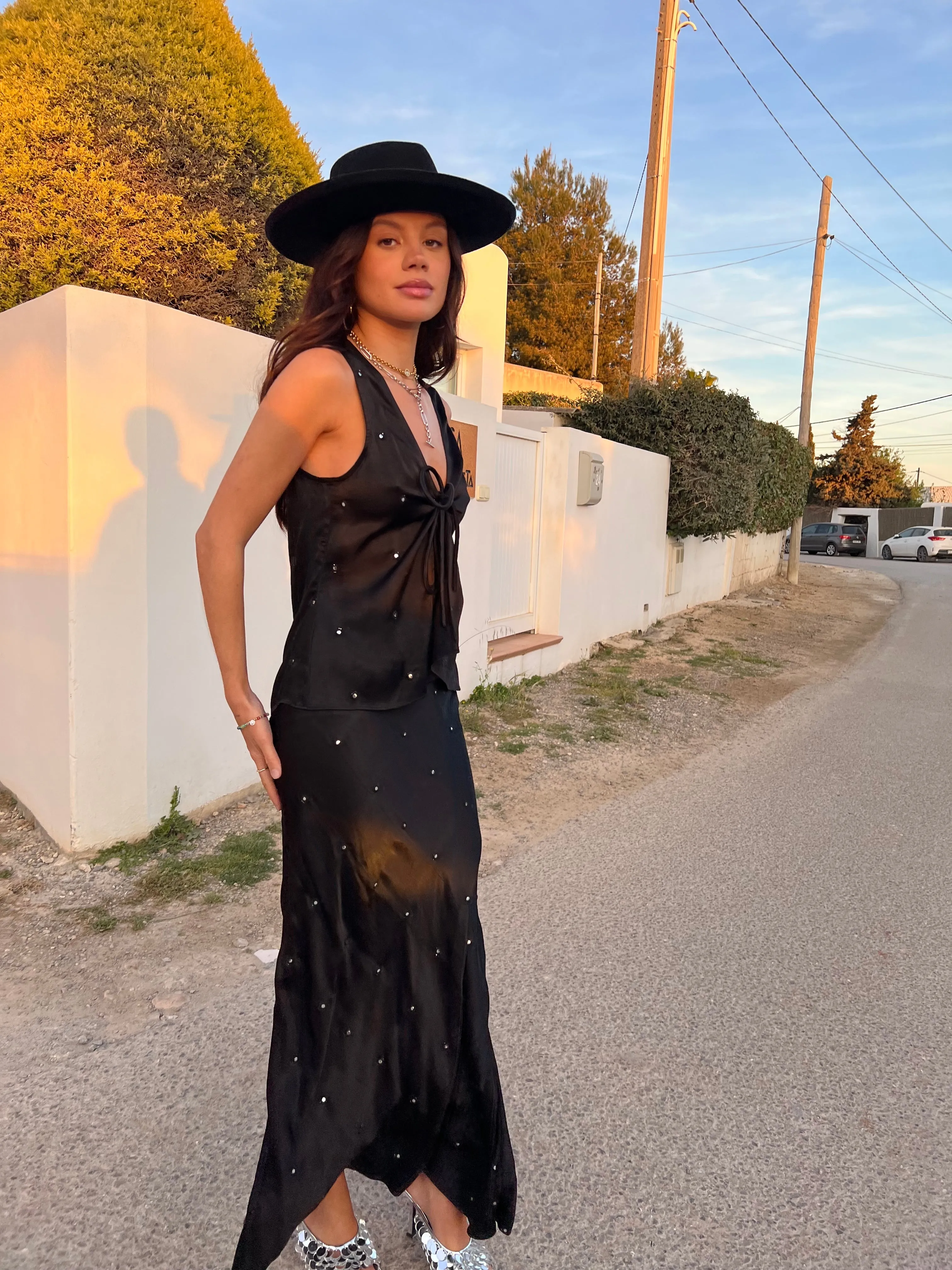 Black Sleeveless Mirror Hayley Tie Top