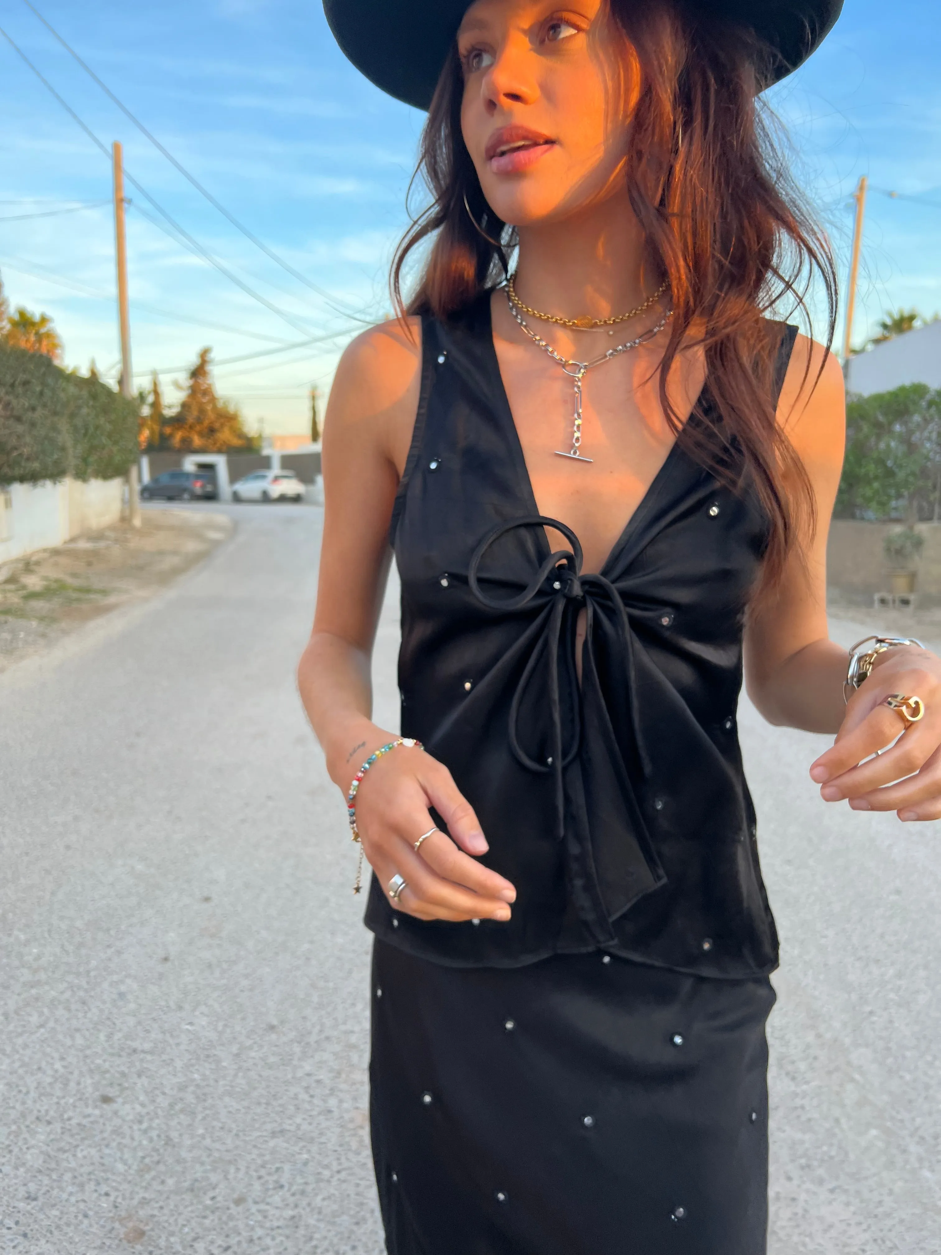 Black Sleeveless Mirror Hayley Tie Top