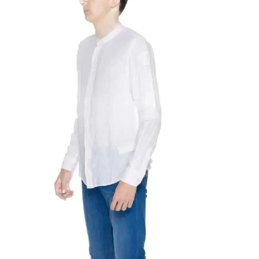 Blauer Men's Pink Linen Shirt with Mandarin Collar