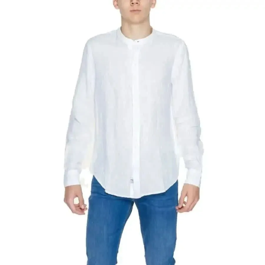 Blauer Men's Pink Linen Shirt with Mandarin Collar