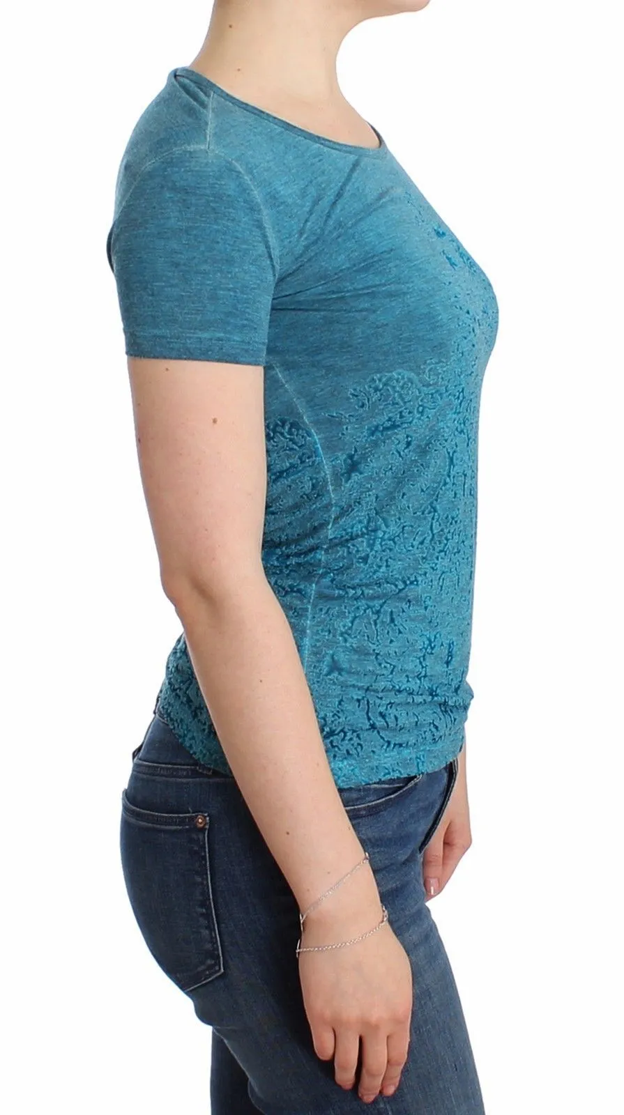 Blue Rayon Printed T-shirt Blouse Top