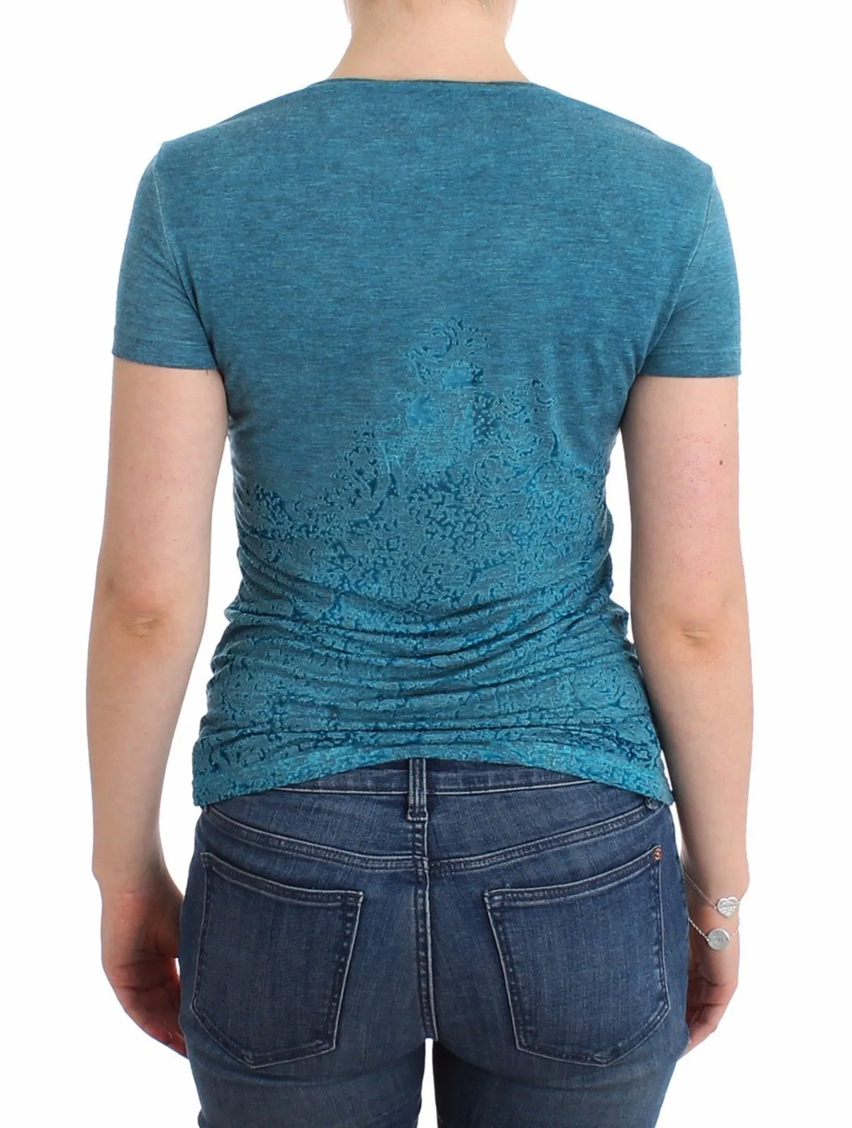 Blue Rayon Printed T-shirt Blouse Top