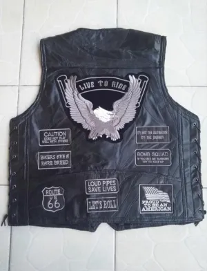 BONJEAN Mens Eagle Patch Black Genuine Leather Motorcycle Vest   Lacing US Flag MC Sheepskin Sleeveless Biker Jackets Gray Patch
