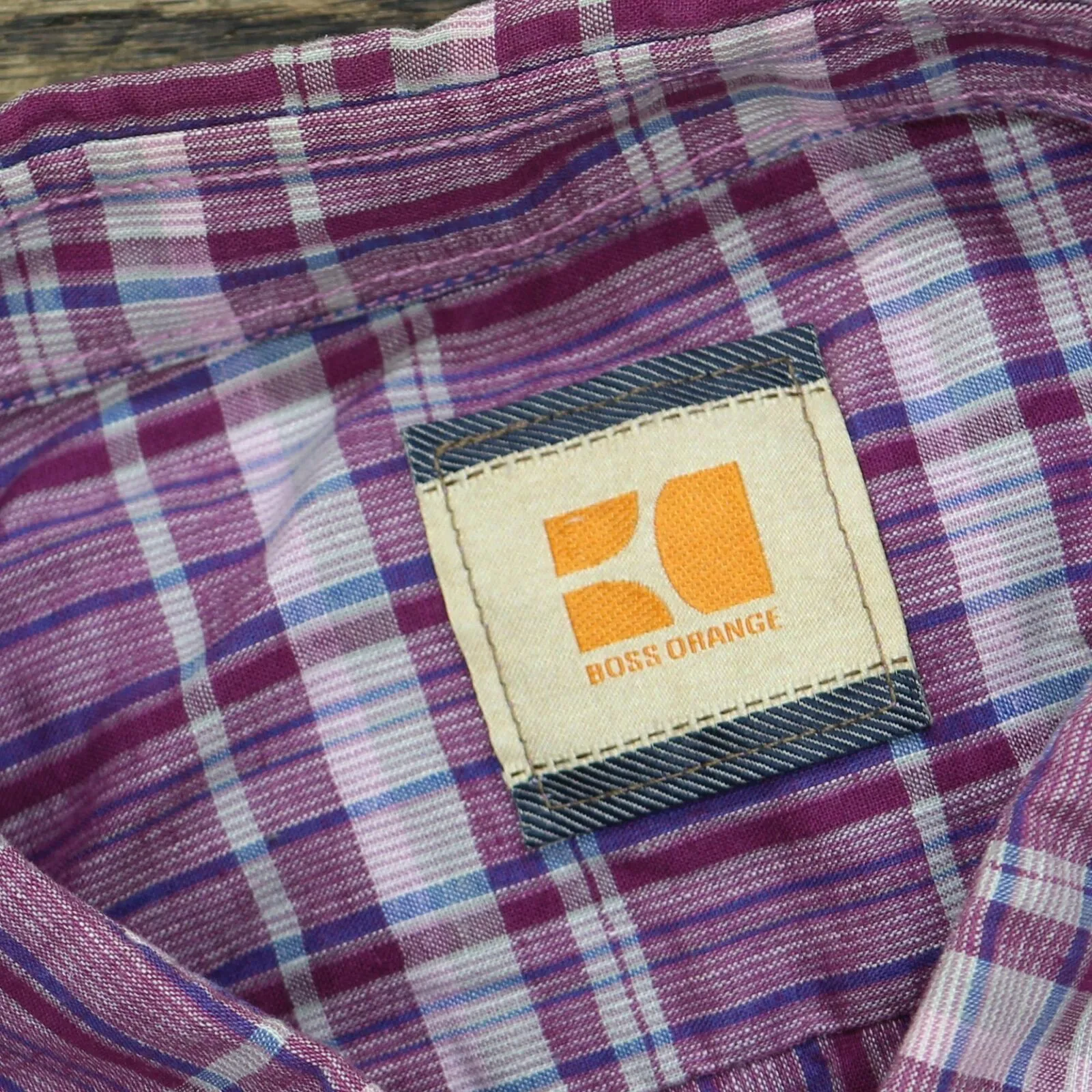 Boss Orange  Linen Blend Button Up Long Sleeve Check Shirt Top Purple Plaid 2XL
