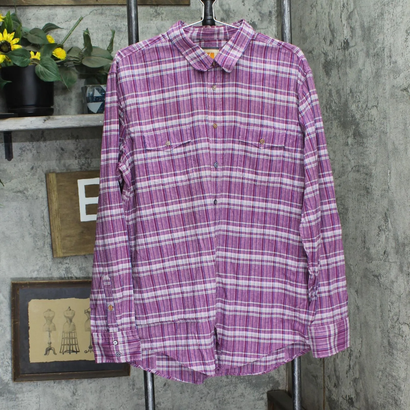 Boss Orange  Linen Blend Button Up Long Sleeve Check Shirt Top Purple Plaid 2XL