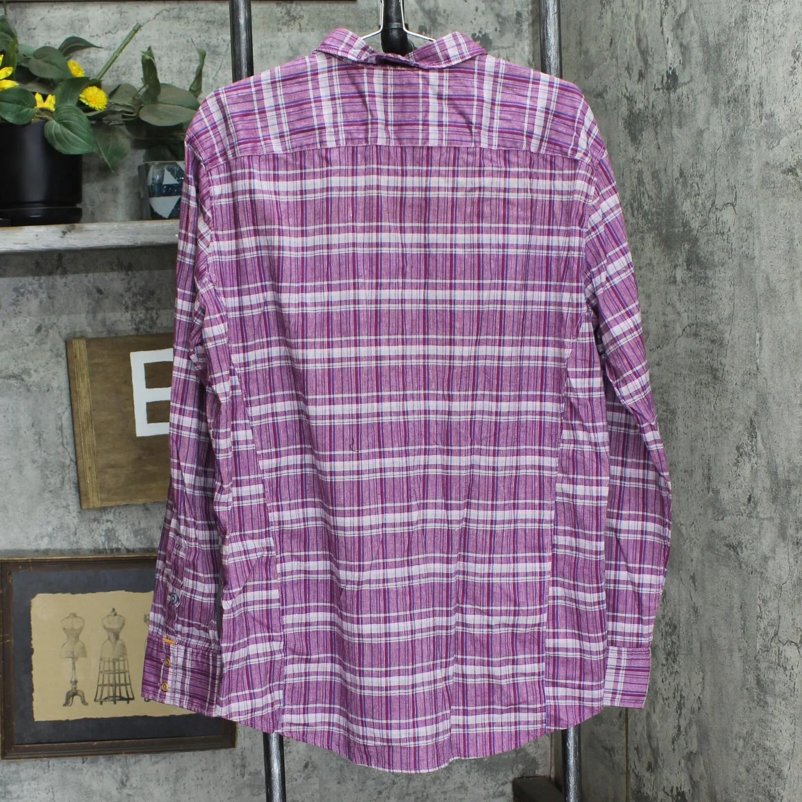 Boss Orange  Linen Blend Button Up Long Sleeve Check Shirt Top Purple Plaid 2XL