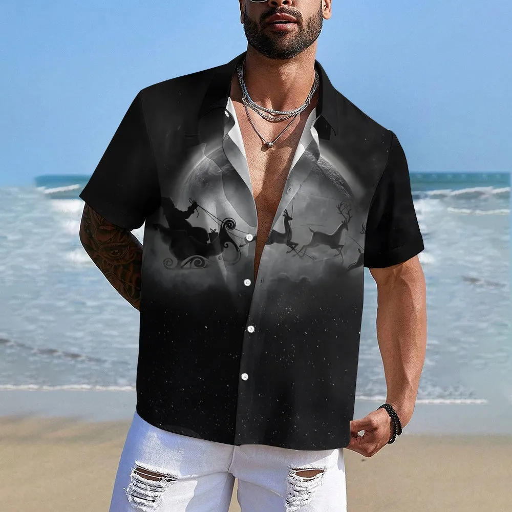 Christmas Santa Elk Print Chest Pocket Short Sleeve Shirt 2411000972