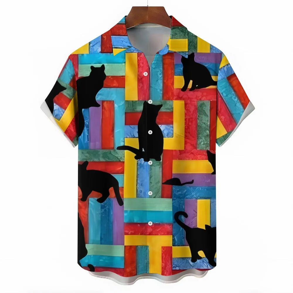 Colorful Geometric Cat Shadow Linen Short Sleeve Shirt 2409009727
