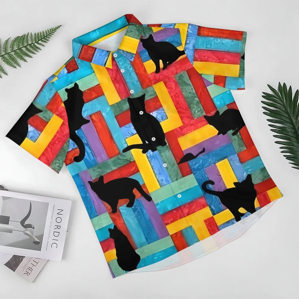 Colorful Geometric Cat Shadow Linen Short Sleeve Shirt 2409009727