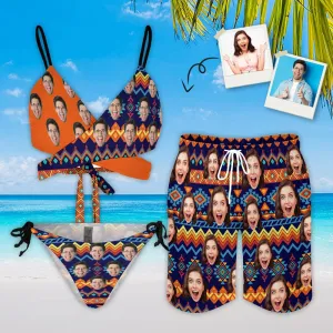 Custom Face Geometry Couple Matching Swimwear Personalized Women's Halter Straps Bikini Set & Men's Beach Shorts For Summer Beach Vacation