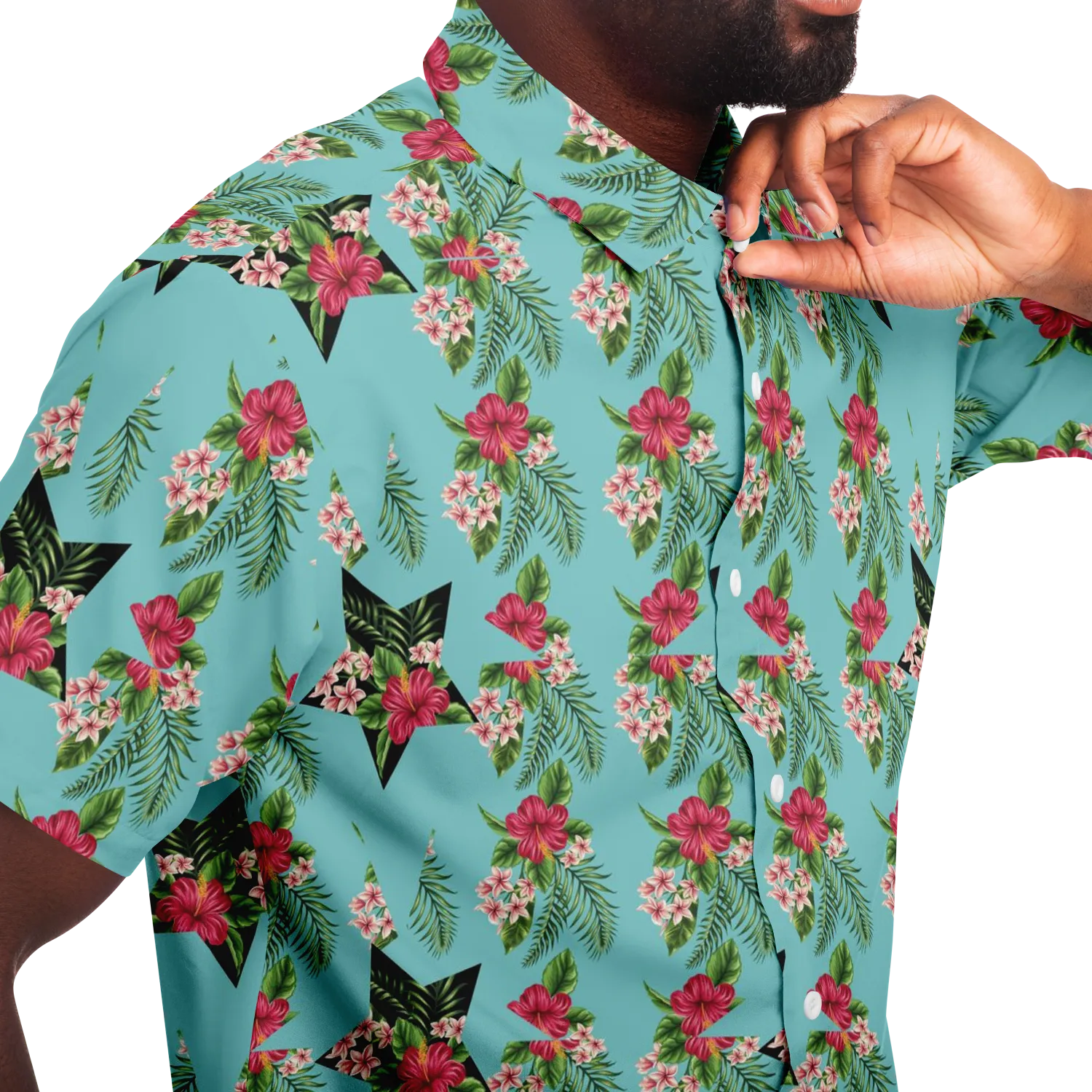 Cyan Men's Short Sleeve Button Down Shirts - Star Flowers