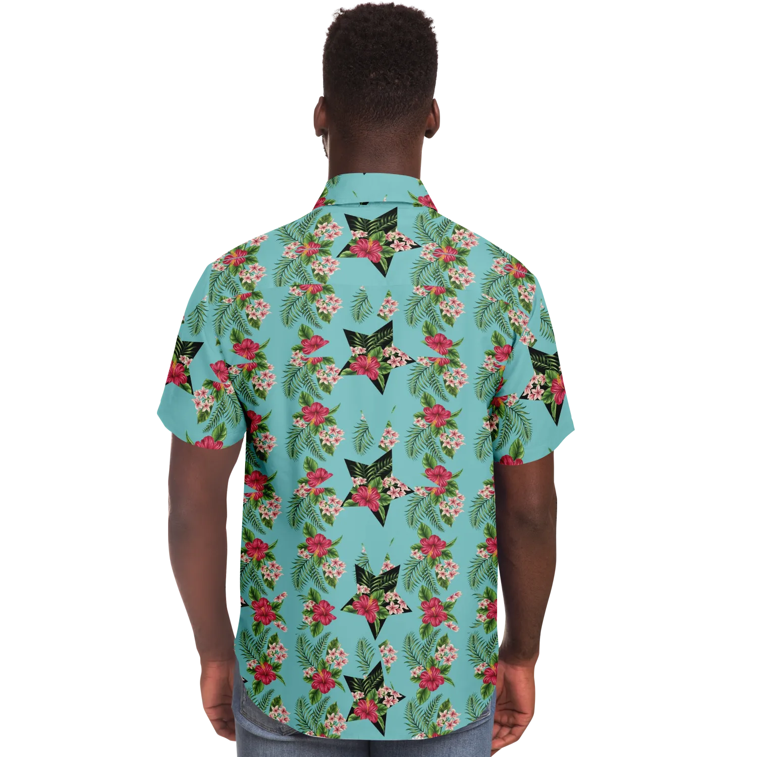 Cyan Men's Short Sleeve Button Down Shirts - Star Flowers