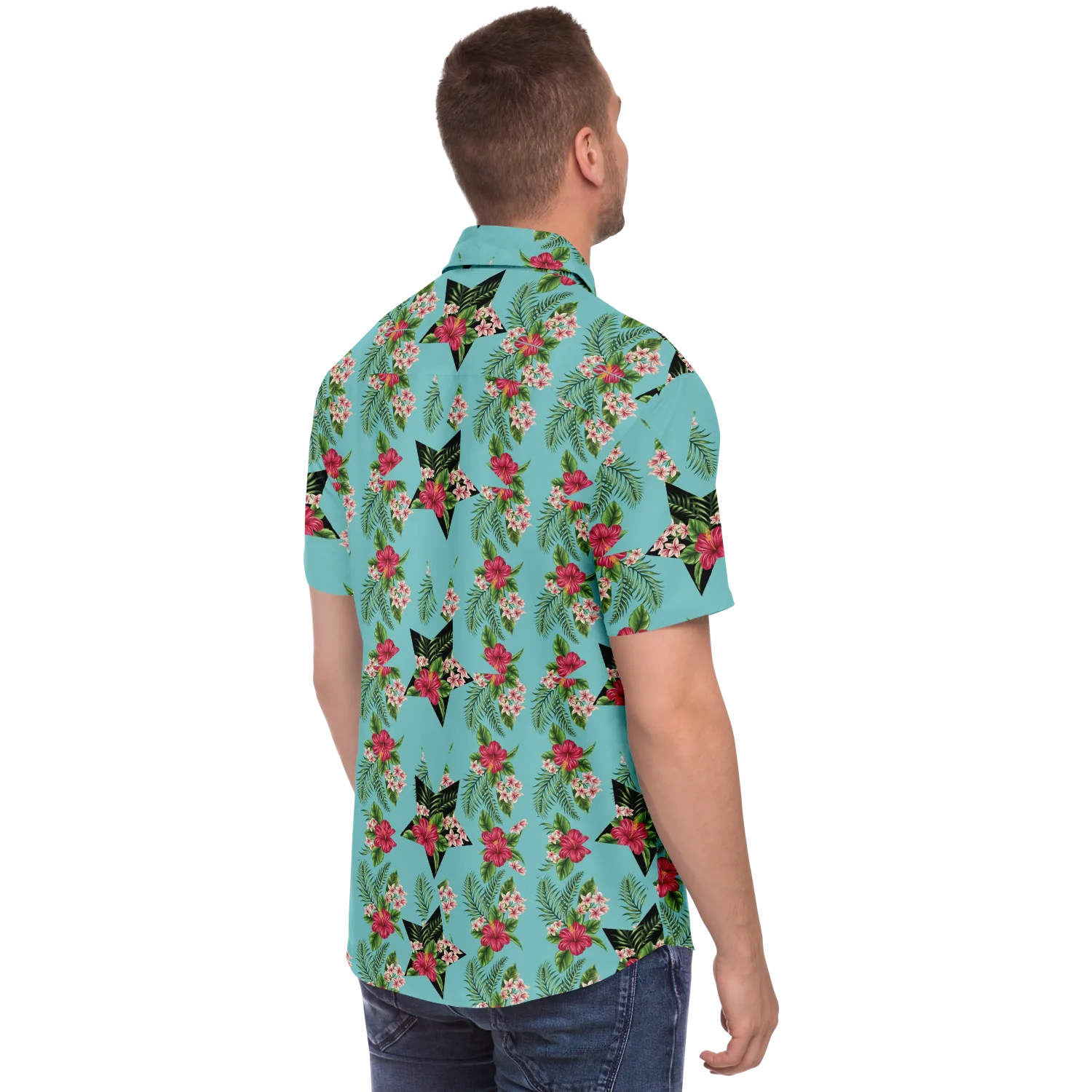 Cyan Men's Short Sleeve Button Down Shirts - Star Flowers