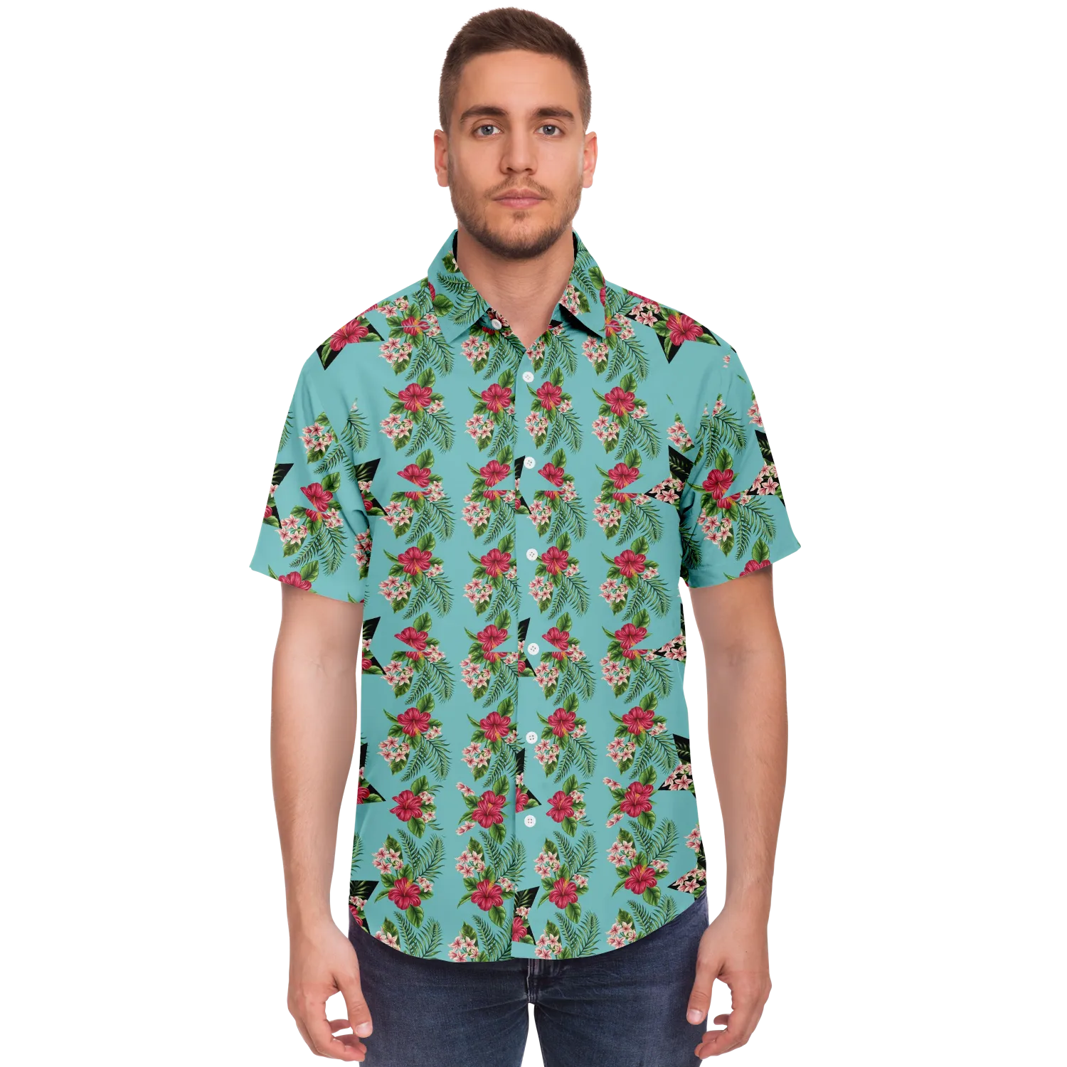 Cyan Men's Short Sleeve Button Down Shirts - Star Flowers