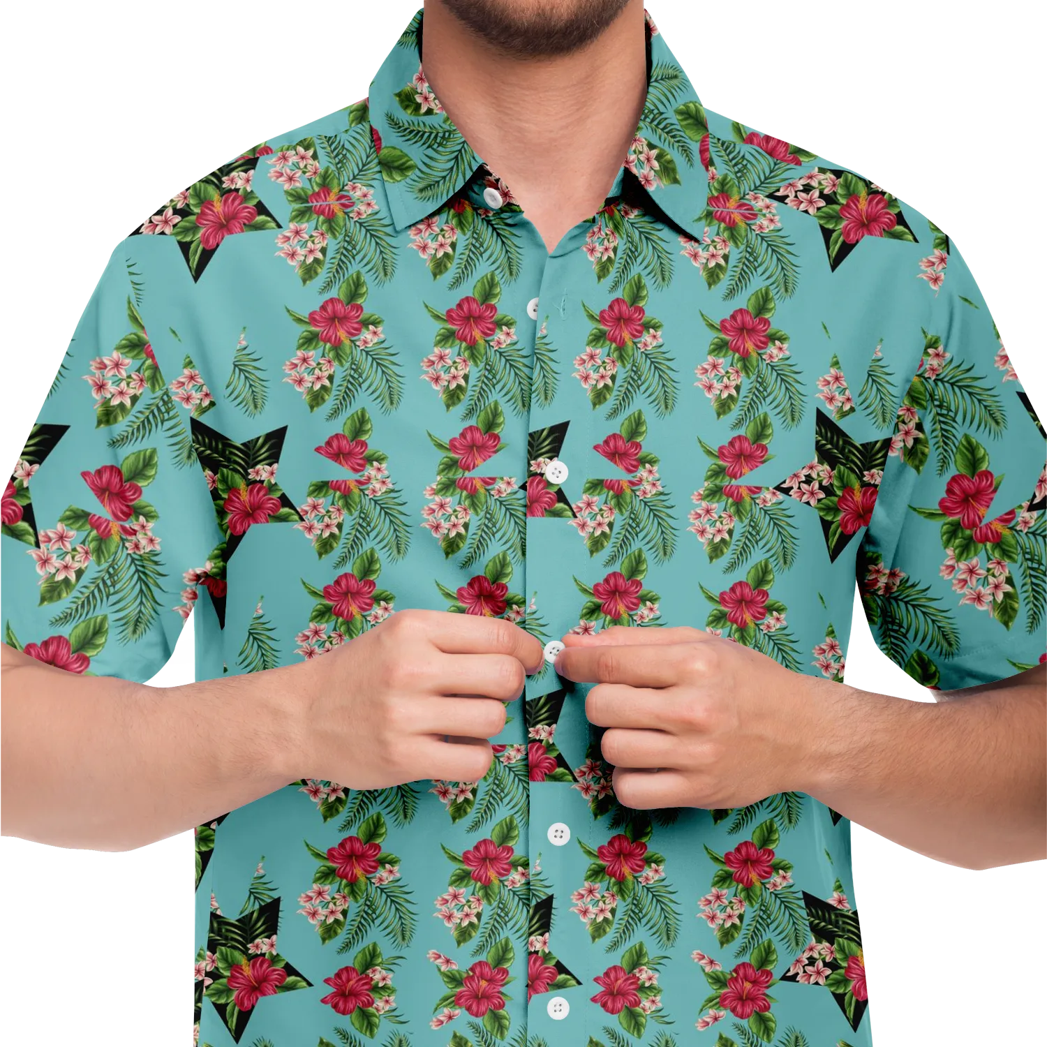 Cyan Men's Short Sleeve Button Down Shirts - Star Flowers