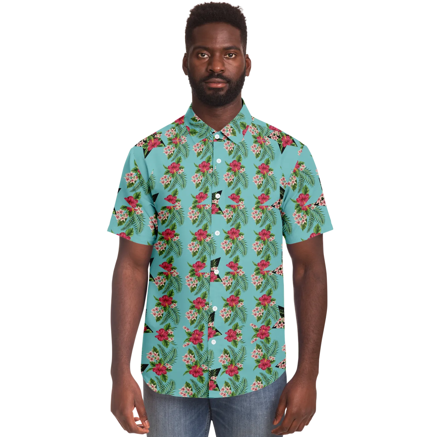 Cyan Men's Short Sleeve Button Down Shirts - Star Flowers