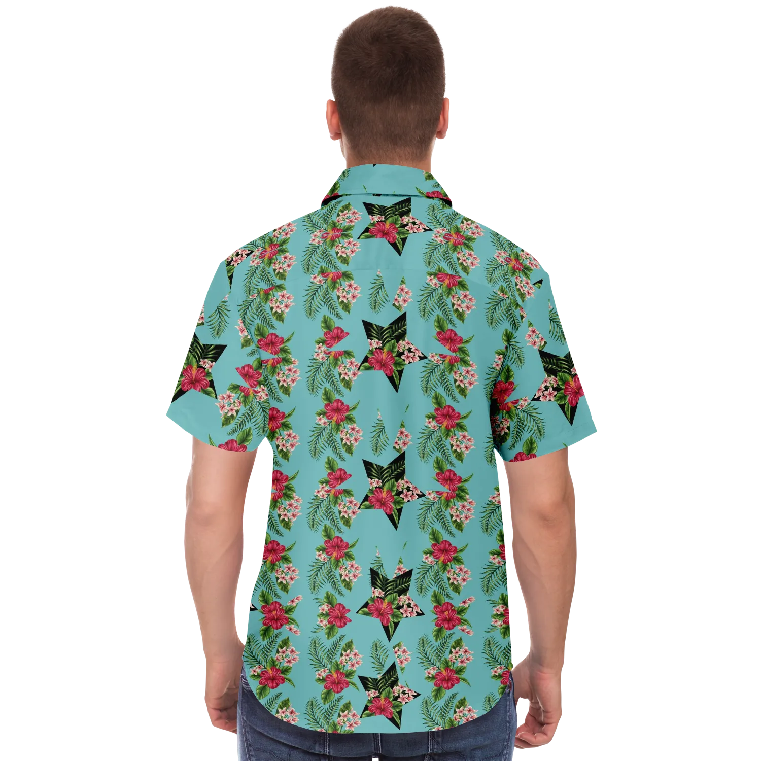 Cyan Men's Short Sleeve Button Down Shirts - Star Flowers