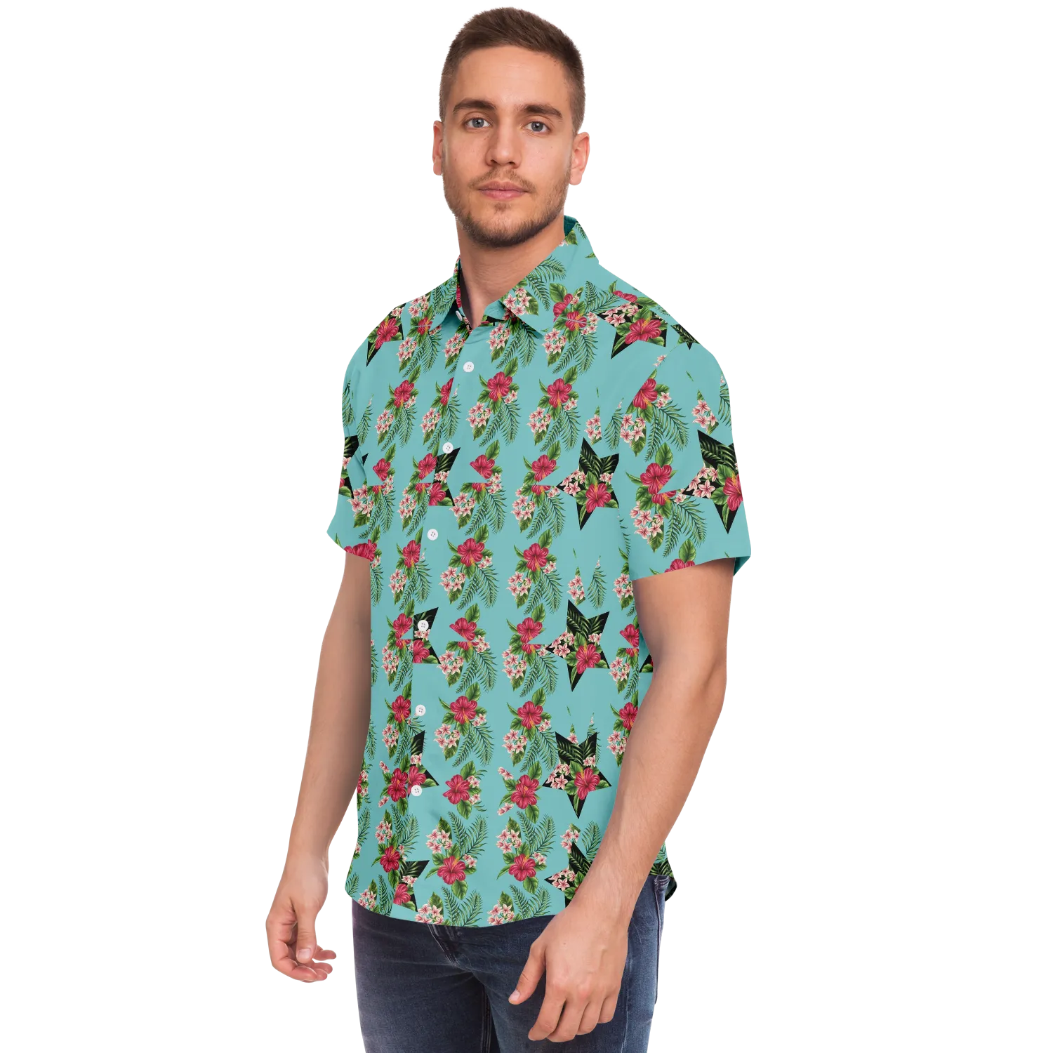 Cyan Men's Short Sleeve Button Down Shirts - Star Flowers