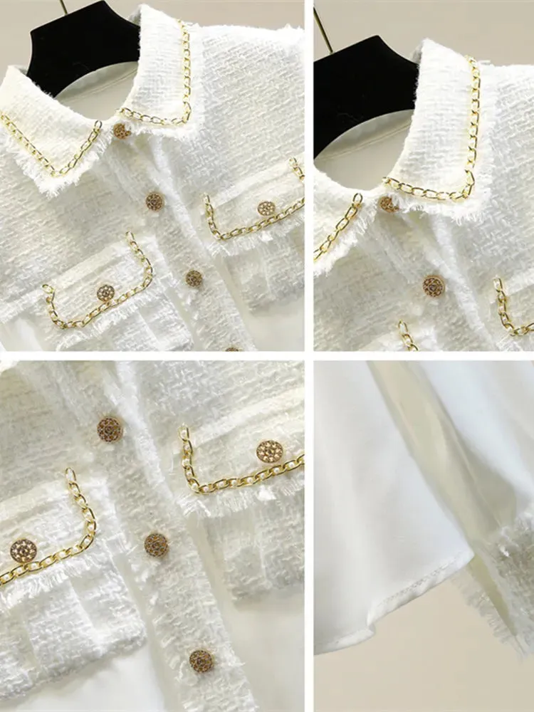 Fashion Designer Tweed Patchwork Chiffon Shirt Blouse Women Vintage Long Sleeve Gold Chain Pearls Weave Tassels Pocket Tops 220407