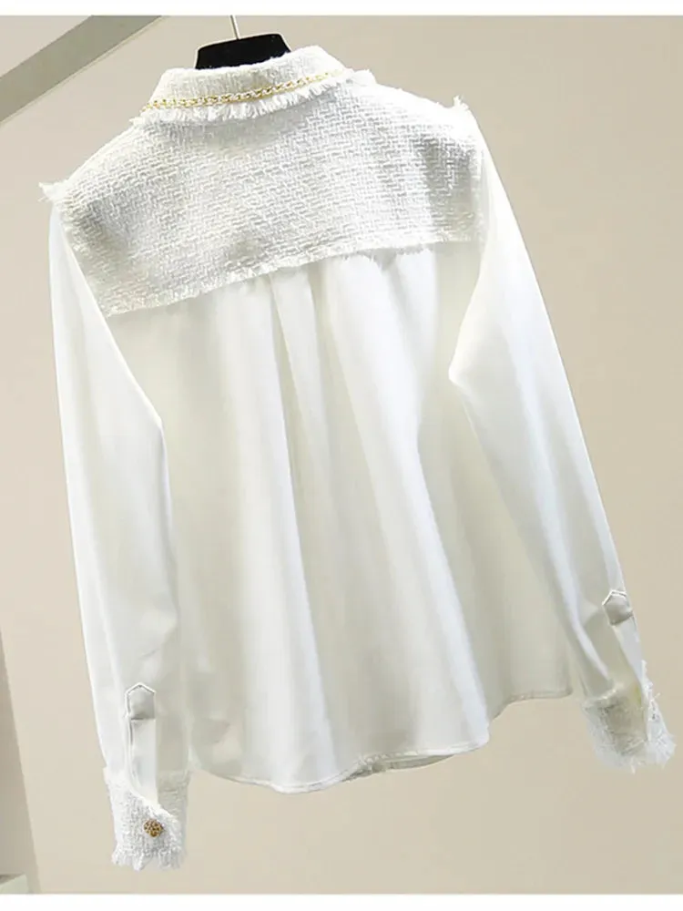 Fashion Designer Tweed Patchwork Chiffon Shirt Blouse Women Vintage Long Sleeve Gold Chain Pearls Weave Tassels Pocket Tops 220407