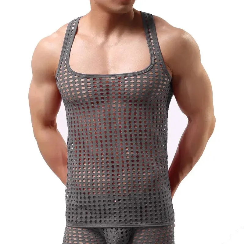 Fashion Men Mesh Tank Tops Hollow Out O Neck Sleeveless Party Vests  See Through Sexy Tops Men Clothing