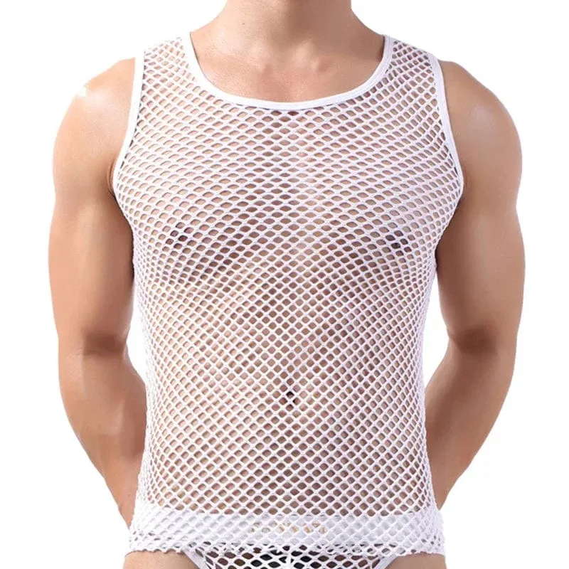 Fashion Men Mesh Tank Tops Hollow Out O Neck Sleeveless Party Vests  See Through Sexy Tops Men Clothing