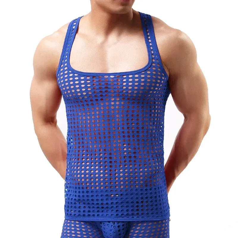 Fashion Men Mesh Tank Tops Hollow Out O Neck Sleeveless Party Vests  See Through Sexy Tops Men Clothing