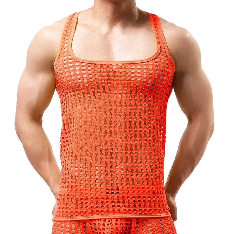 Fashion Men Mesh Tank Tops Hollow Out O Neck Sleeveless Party Vests  See Through Sexy Tops Men Clothing