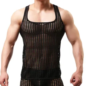 Fashion Men Mesh Tank Tops Hollow Out O Neck Sleeveless Party Vests  See Through Sexy Tops Men Clothing