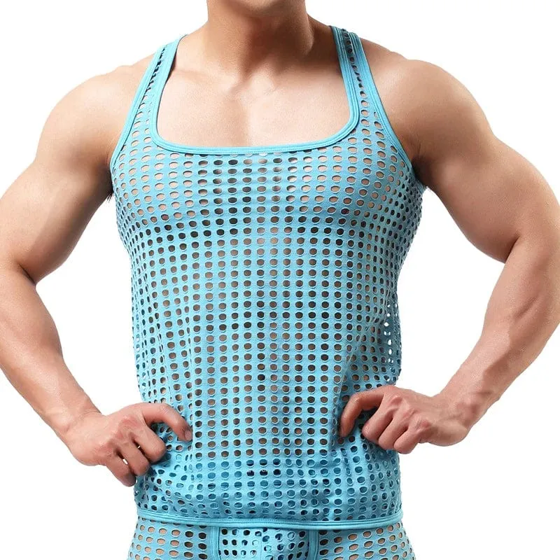 Fashion Men Mesh Tank Tops Hollow Out O Neck Sleeveless Party Vests  See Through Sexy Tops Men Clothing