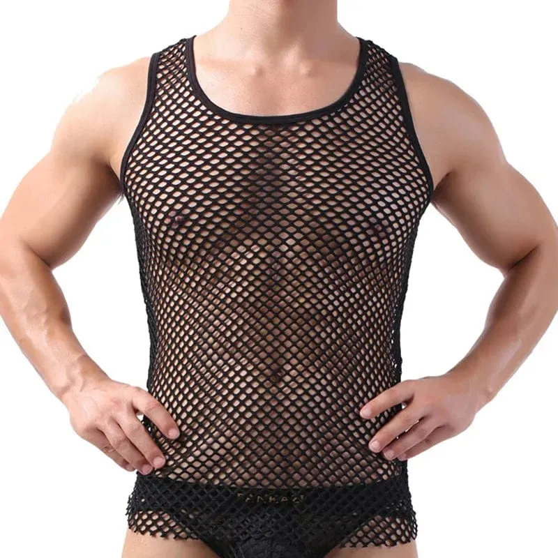 Fashion Men Mesh Tank Tops Hollow Out O Neck Sleeveless Party Vests  See Through Sexy Tops Men Clothing
