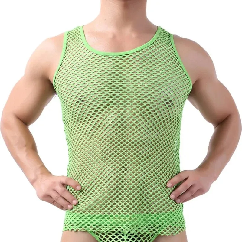 Fashion Men Mesh Tank Tops Hollow Out O Neck Sleeveless Party Vests  See Through Sexy Tops Men Clothing