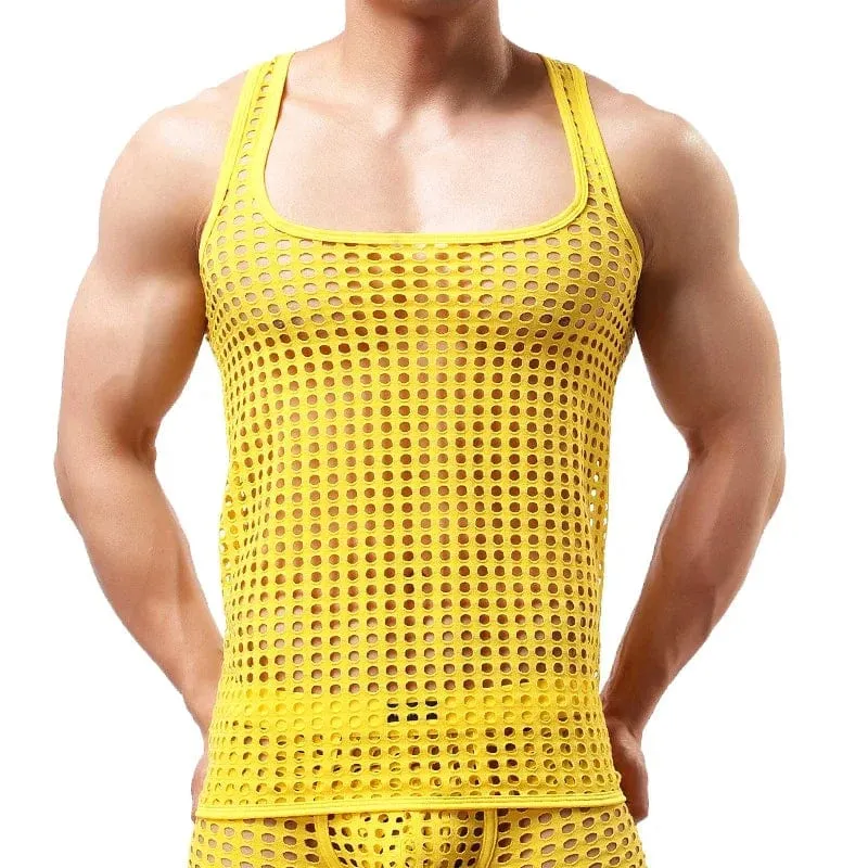 Fashion Men Mesh Tank Tops Hollow Out O Neck Sleeveless Party Vests  See Through Sexy Tops Men Clothing