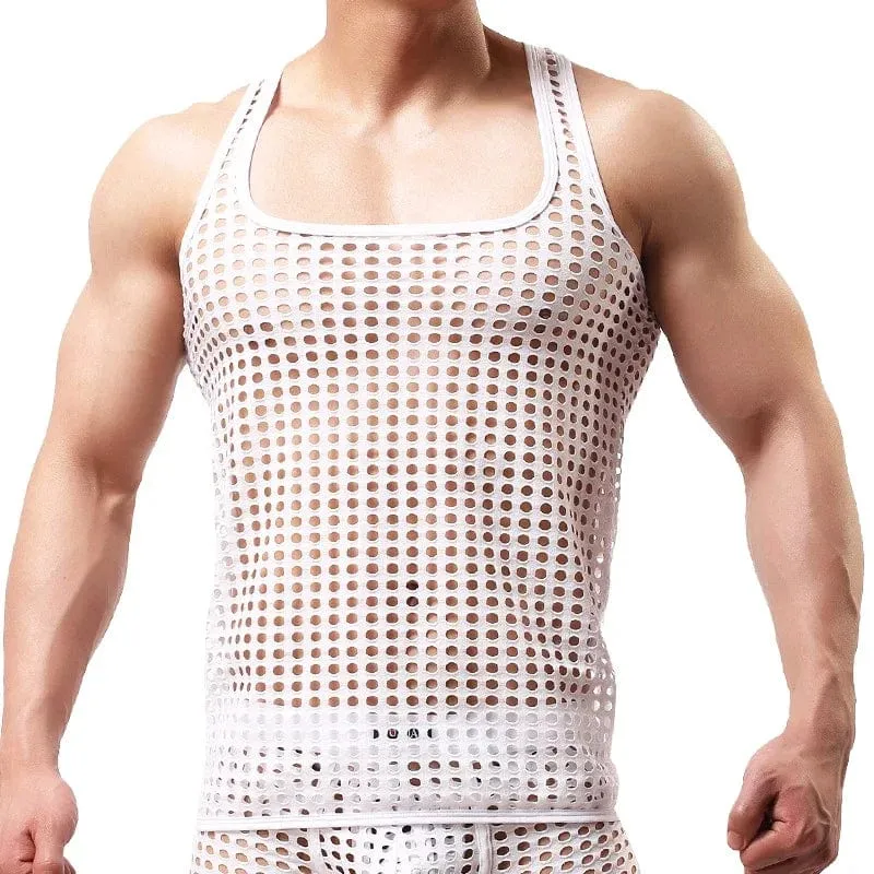 Fashion Men Mesh Tank Tops Hollow Out O Neck Sleeveless Party Vests  See Through Sexy Tops Men Clothing
