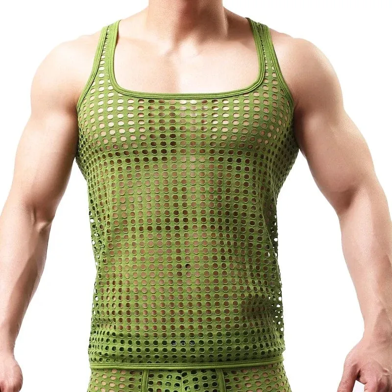 Fashion Men Mesh Tank Tops Hollow Out O Neck Sleeveless Party Vests  See Through Sexy Tops Men Clothing