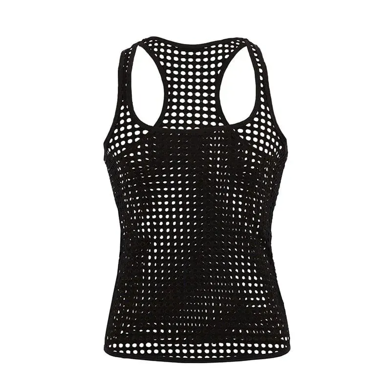 Fashion Men Mesh Tank Tops Hollow Out O Neck Sleeveless Party Vests  See Through Sexy Tops Men Clothing